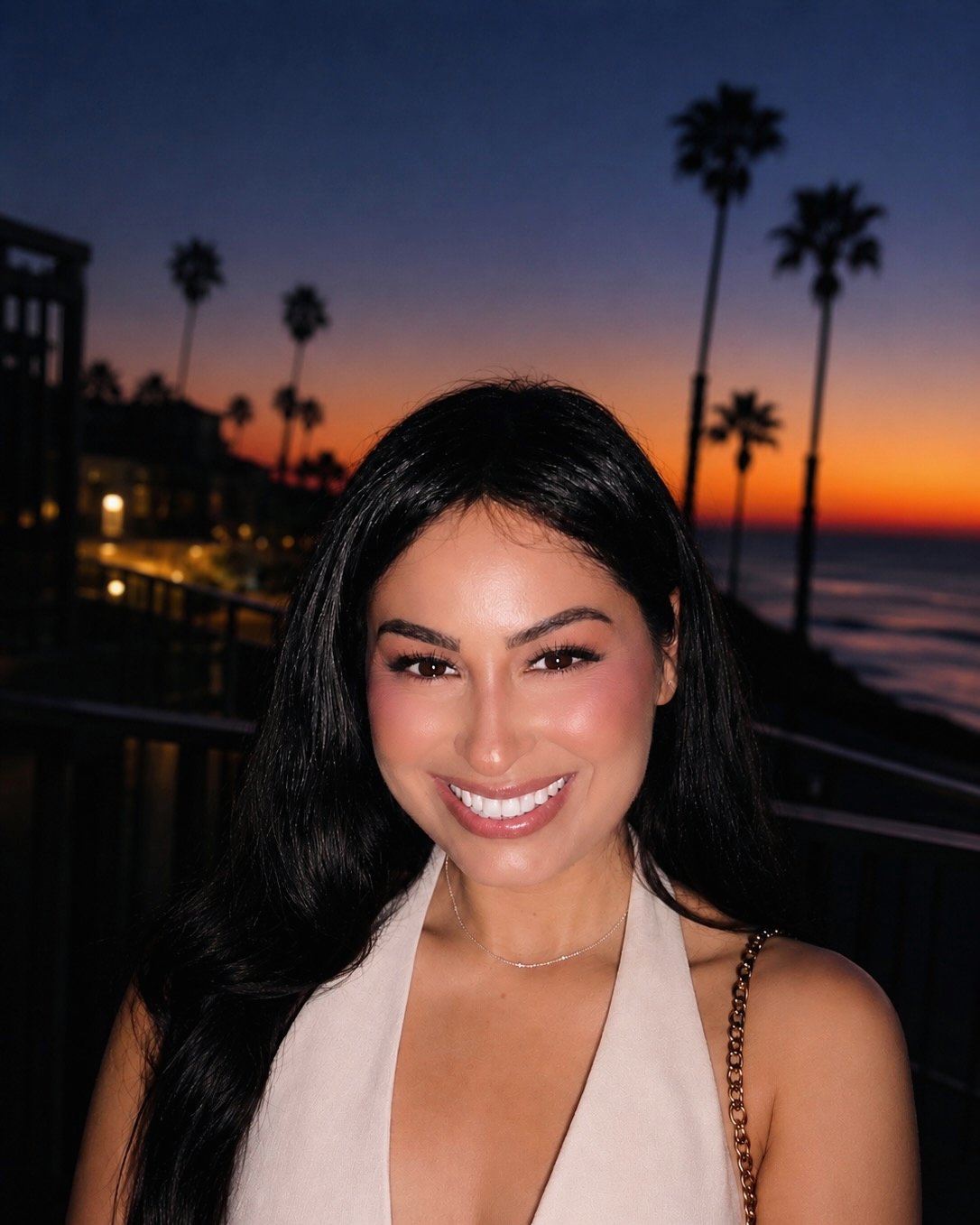 Thalia Castillo at golden hour on the Southern California coast